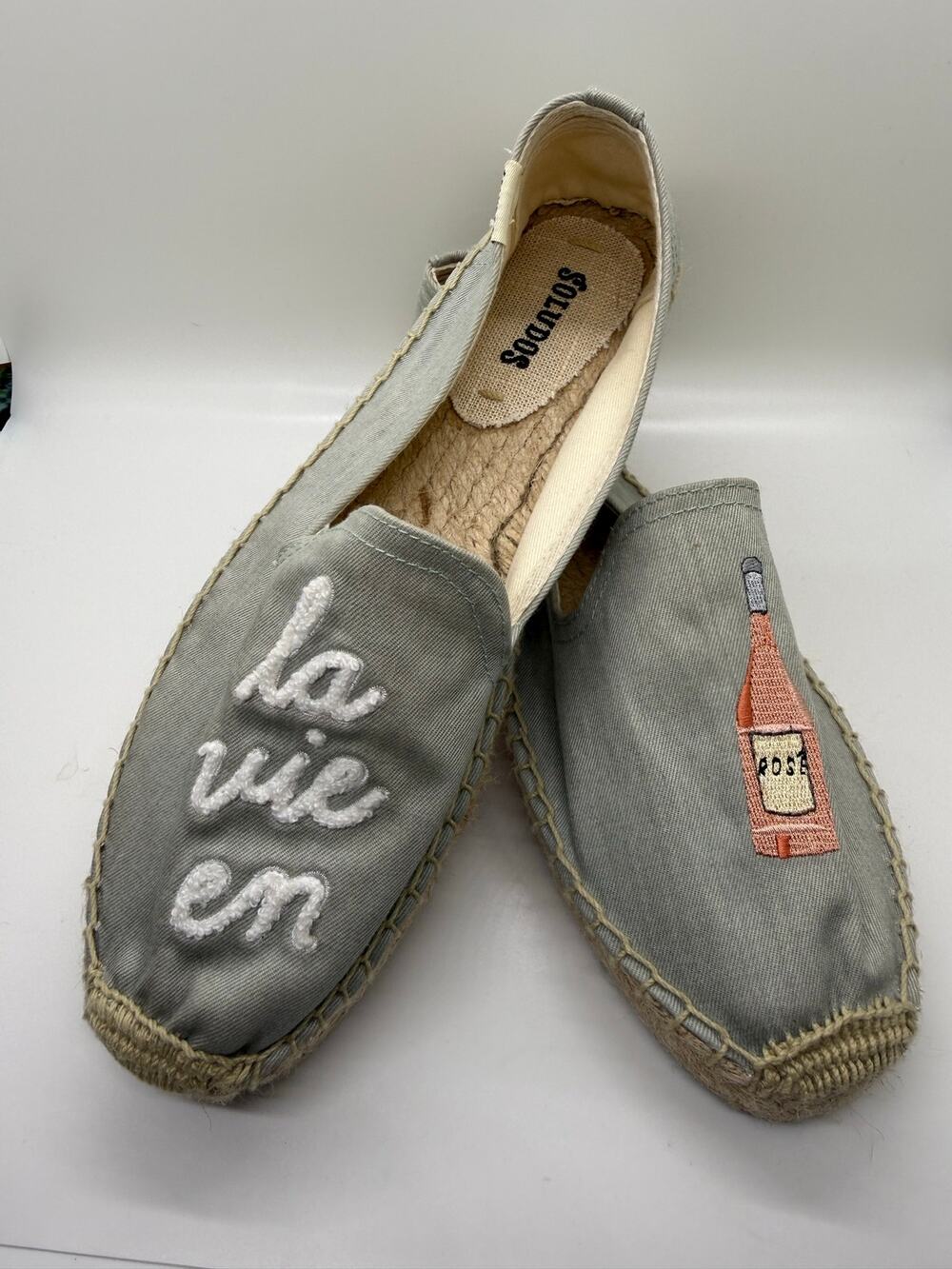 Soludos La Vie En Rosé Embroidered Espadrille Flats Blue Canvas Slip-On Shoes
